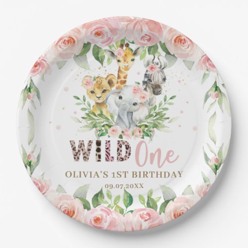Jungle Animal Pink Floral Wild One 1st Birthday  Paper Plates