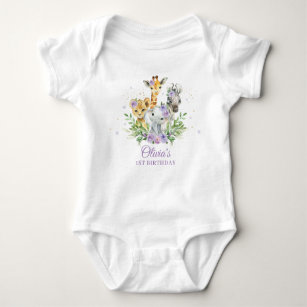 Jungle Animal Purple Floral 1st Birthday Outfit Baby Bodysuit
