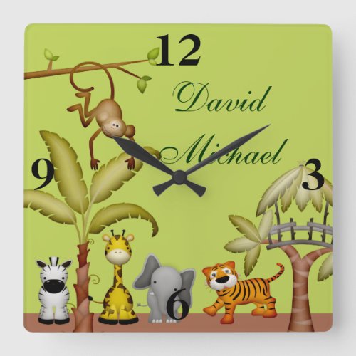 Jungle Animal Safari Celebration Baby Shower Square Wall Clock