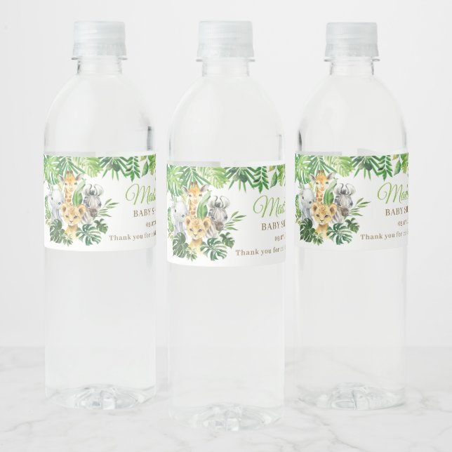 Jungle Animal Safari Greenery Baby Shower Drink Water Bottle Label (Bottles)