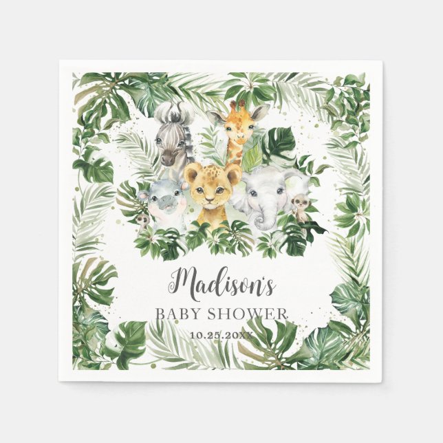 Jungle Animal Safari Greenery Neutral Baby Shower Napkins (Front)