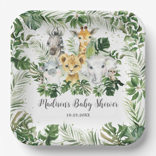 Jungle Animal Safari Greenery Neutral Baby Shower Paper Plates (Front)