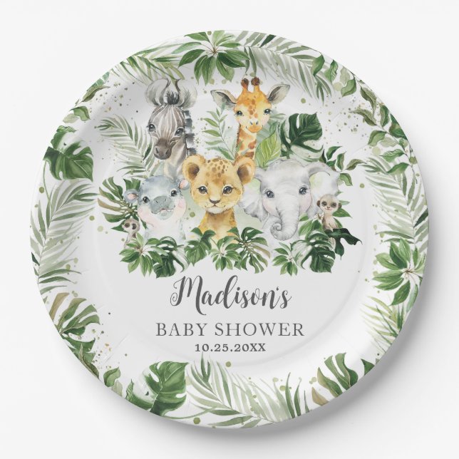 Jungle Animal Safari Greenery Neutral Baby Shower Paper Plates (Front)