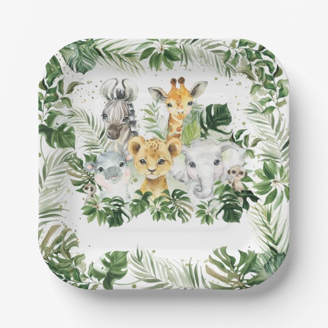 Jungle Animal Safari Greenery Neutral Baby Shower Paper Plates (Front)