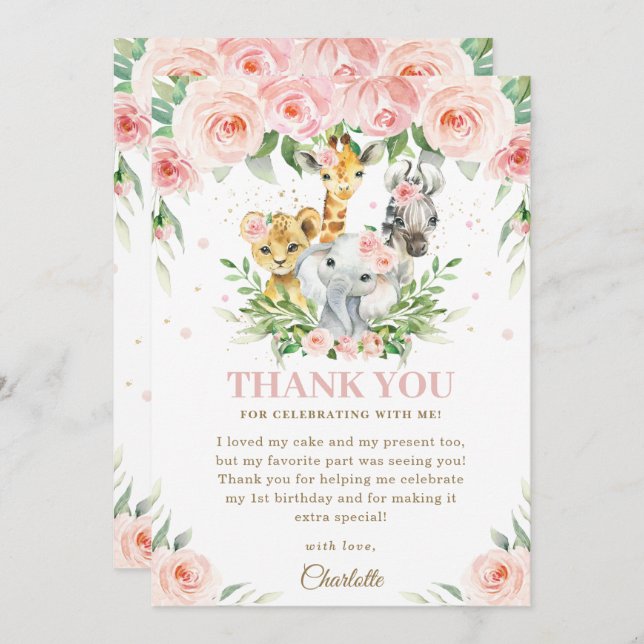 Jungle Animal Safari Pink Blush Floral Birthday  Thank You Card (Front/Back)