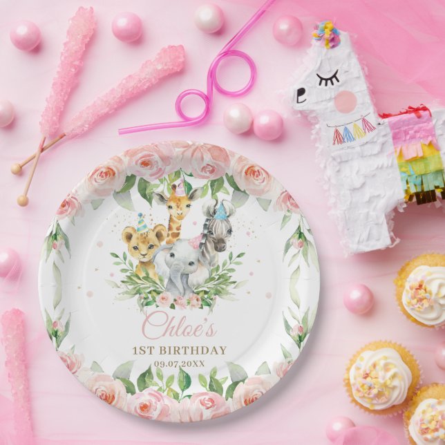 Jungle Animal Safari Pink Floral Girl Birthday  Paper Plates (Party)