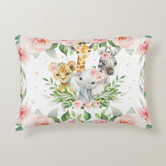 Jungle Animal Safari Pink Floral Girl Nursery Room Accent Pillow (Front)