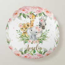 Jungle Animal Safari Pink Floral Girl Nursery Room Round Pillow