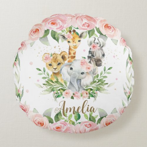 Jungle Animal Safari Pink Floral Girl Nursery Room Round Pillow