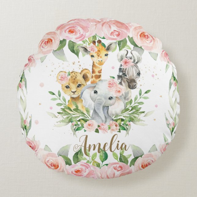 Jungle Animal Safari Pink Floral Girl Nursery Room Round Pillow (Front)
