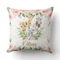 Jungle Animal Safari Pink Floral Girl Nursery Room Throw Pillow