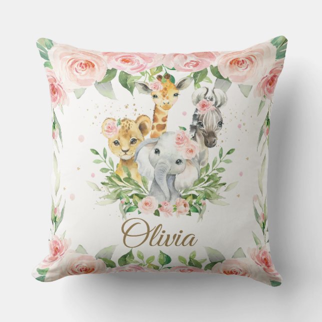 Jungle Animal Safari Pink Floral Girl Nursery Room Throw Pillow (Front)