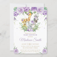 Jungle Animal Safari Purple Floral Baby Shower  Invitation