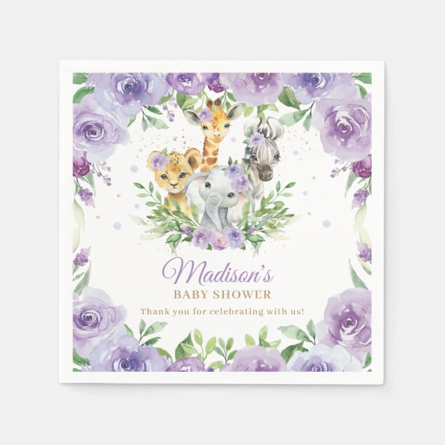 Jungle Animal Safari Purple Floral Baby Shower Napkins (Front)