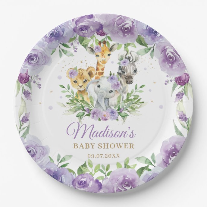 Jungle Animal Safari Purple Floral Baby Shower Paper Plate