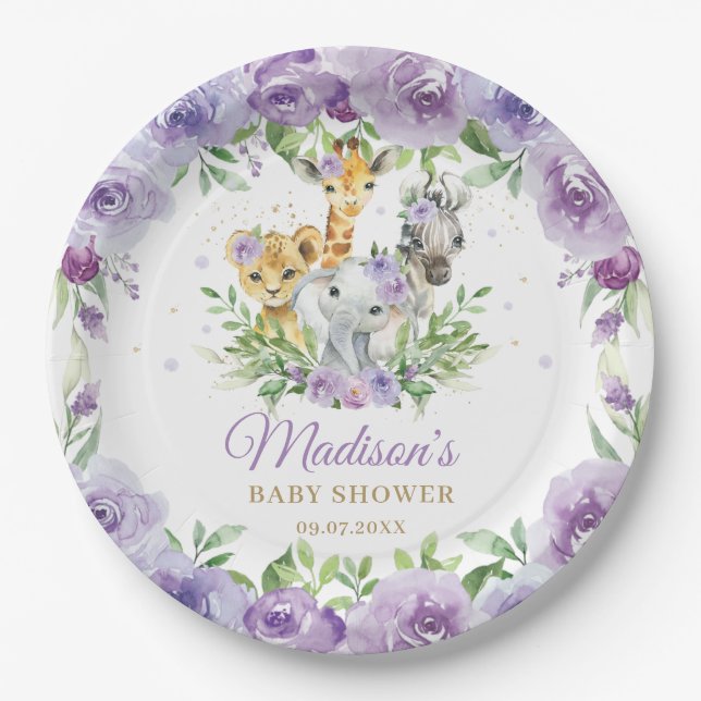 Jungle Animal Safari Purple Floral Baby Shower Paper Plates (Front)