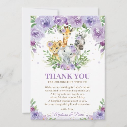 Jungle Animal Safari Purple Floral Baby Shower Thank You Card