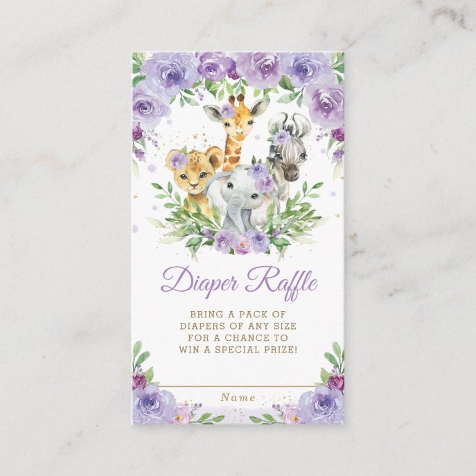 Jungle Animal Safari Purple Floral Diaper Raffle Enclosure Card