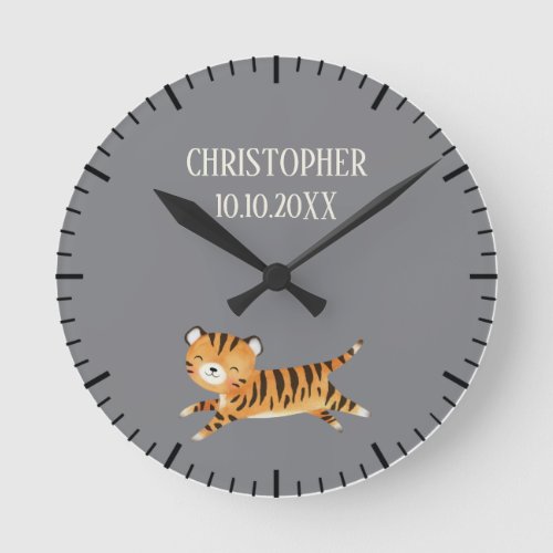 Jungle Animal Tiger Safari Monogram Nursery Round  Round Clock