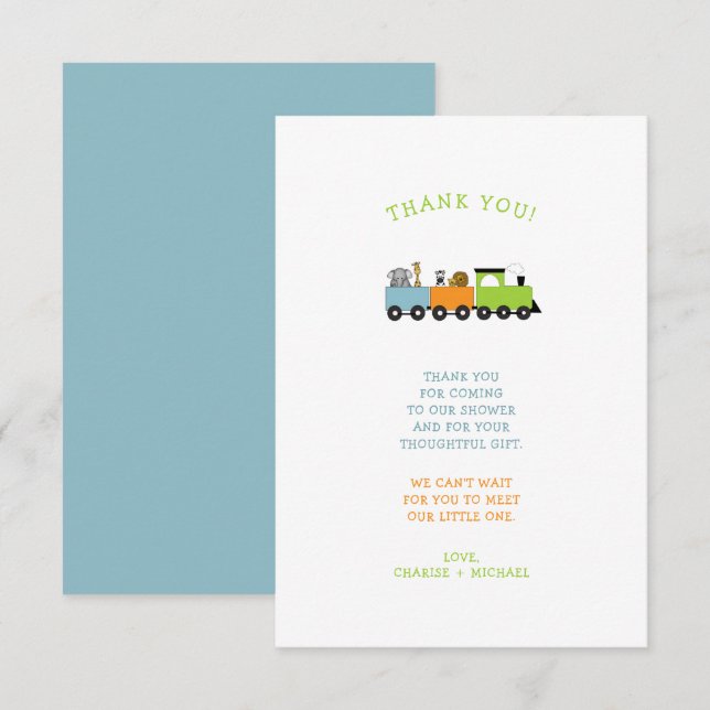 JUNGLE ANIMAL TRAIN baby shower thank you note (Front/Back)