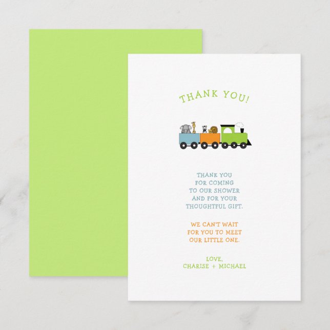 JUNGLE ANIMAL TRAIN baby shower thank you note (Front/Back)