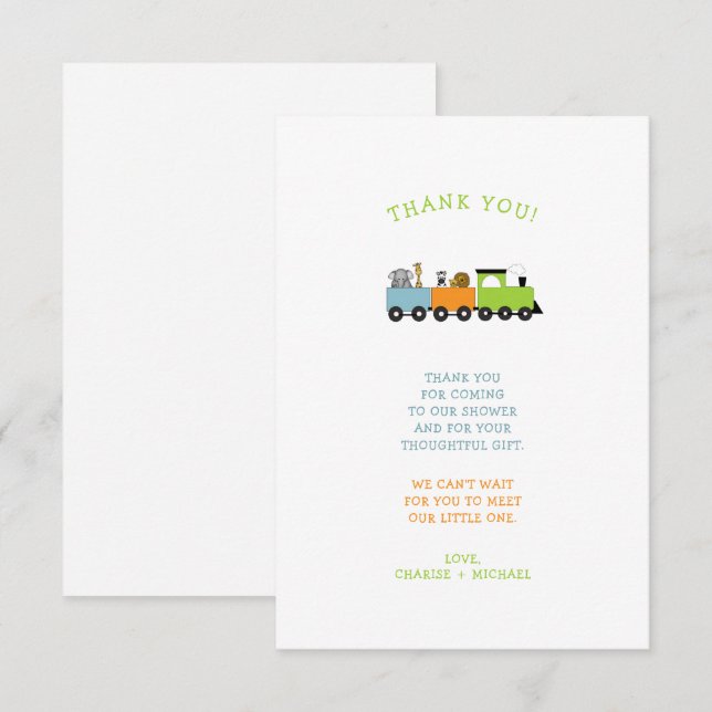 JUNGLE ANIMAL TRAIN baby shower thank you note (Front/Back)