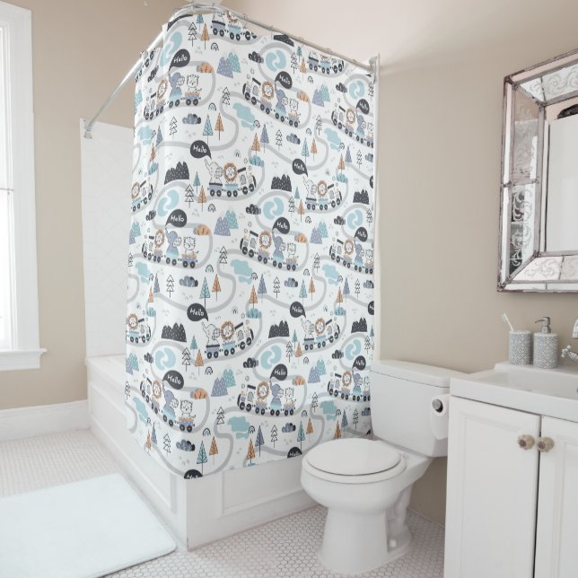 Jungle Animal Train Baby Toddler Boy Kids Bathroom Shower Curtain (In Situ)