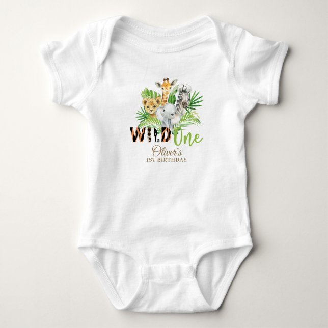 Jungle Animal Wild ONE Boy 1st Birthday Outfit   Baby Bodysuit (Front)
