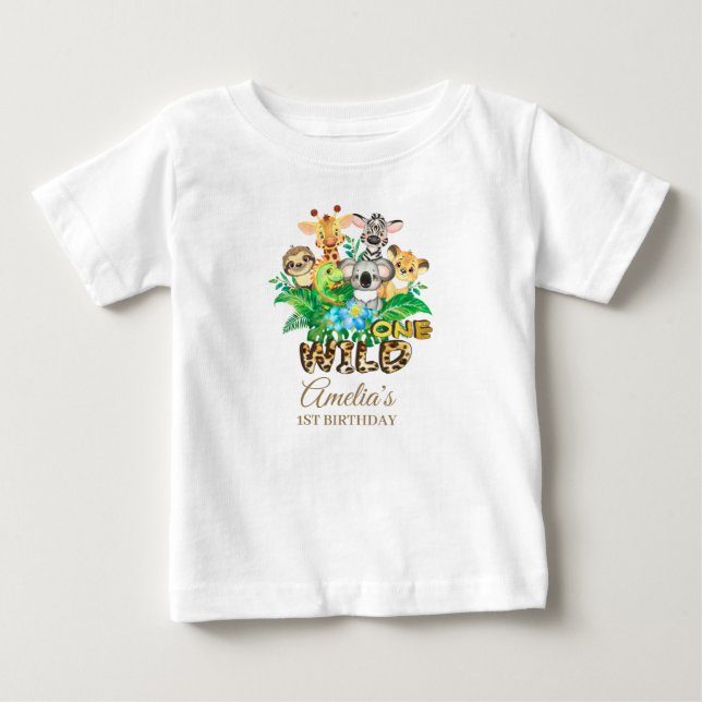 Jungle Animal Wild ONE Girl 1st Birthday Outfit Baby T-Shirt (Front)