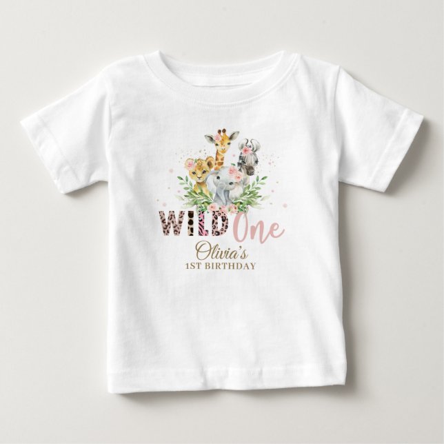 Jungle Animal Wild ONE Girl 1st Birthday Outfit  Baby T-Shirt (Front)