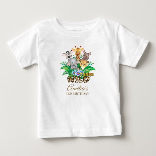 Jungle Animal Wild THREE Girl 3rd Birthday Outfit Baby T-Shirt (Front)