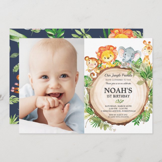 Jungle Animals 1st Birthday Greenery Safari Photo Invitation (Front/Back)