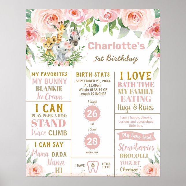 Jungle Animals 1st Birthday Milestone Birth Stats Poster (Front)