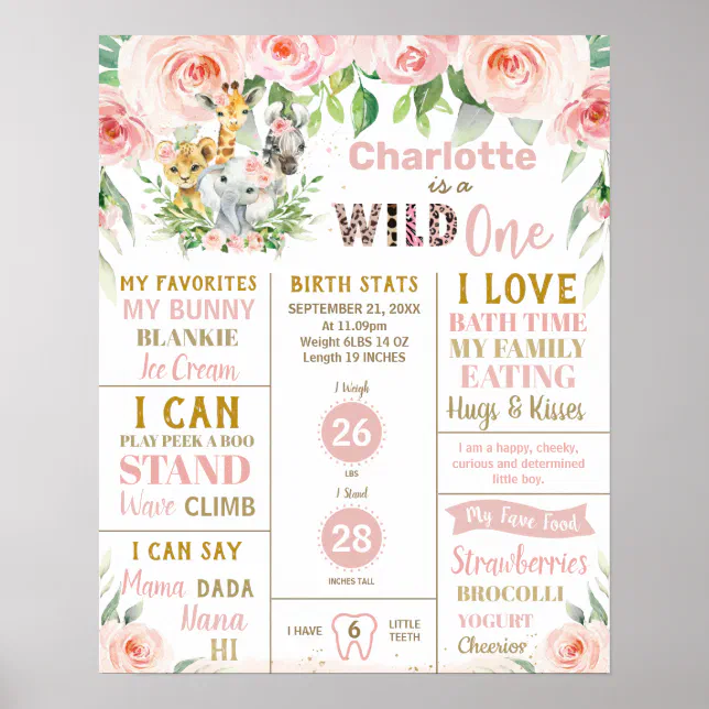 Jungle Animals 1st Birthday Milestone Birth Stats Poster | Zazzle