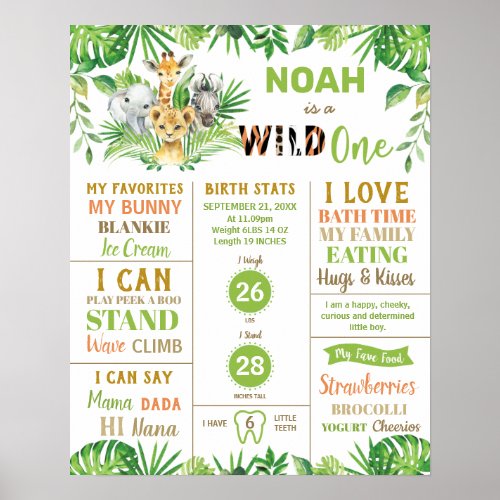 Jungle Animals 1st Birthday Milestone Birth Stats  Poster