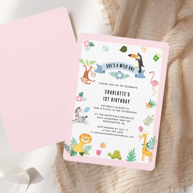 Jungle Animals 1st Birthday Party Invitation (1st Birthday Jungle Animals Theme Party Invitation)