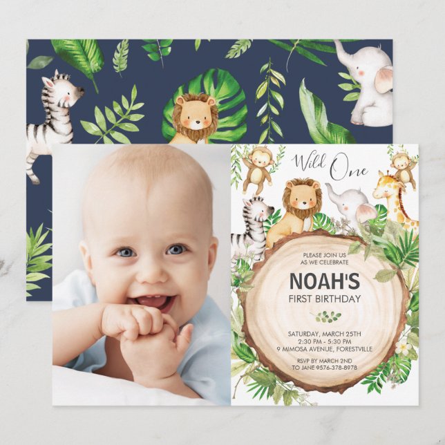 Jungle Animals 1st Birthday Wild One Green Photo Invitation (Front/Back)