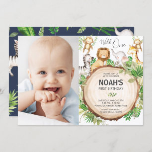 Jungle Animals 1st Birthday Wild One Green Photo Invitation