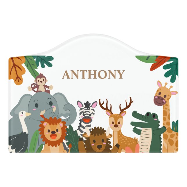 Jungle animals and name Kids Door sign  (Small Crest Front)
