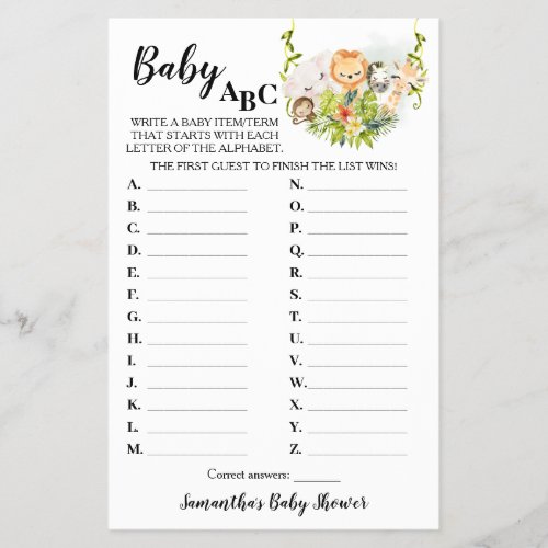 Jungle Animals Baby ABC Baby Shower Game Card Flyer
