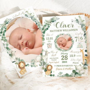 Jungle Animals Baby Birth Stats Photo Announcement