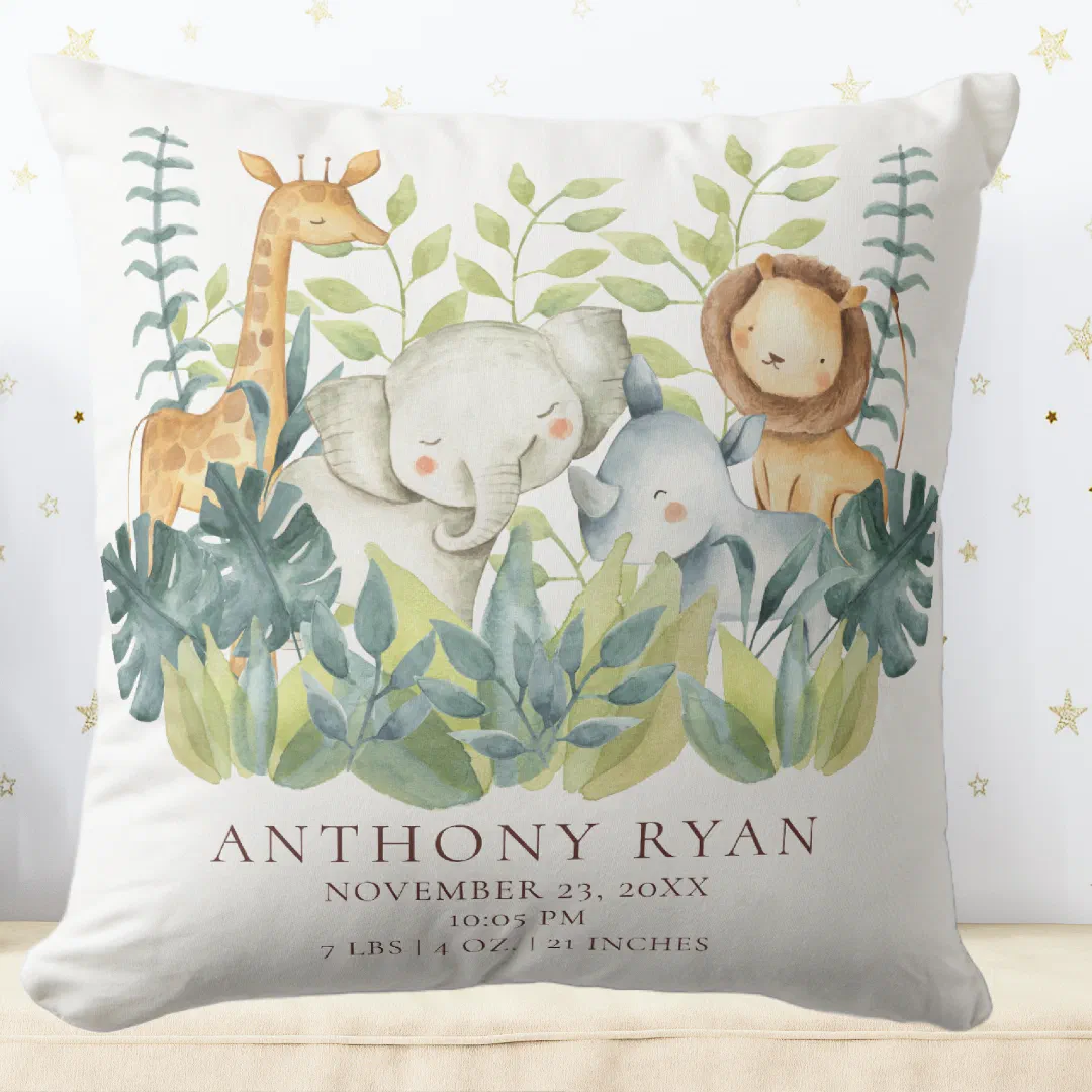 Jungle Animals Baby Birth Stats Pillow
=