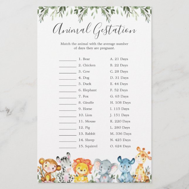 Jungle Animals Baby Shower Animal Gestation Game (Front)
