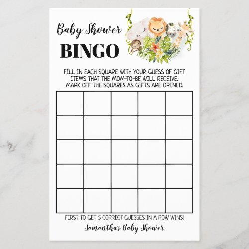 Jungle Animals Baby Shower Bingo Game Card Flyer