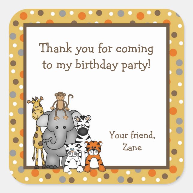 Jungle Animals Baby Shower Birthday Party Favor Square Sticker (Front)