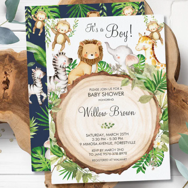 Jungle Animals Baby Shower Greenery Safari Boy Invitation | Zazzle