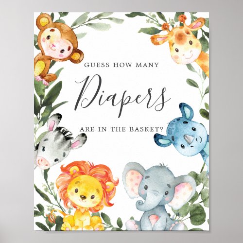 Jungle Animals Baby Shower Guess How Many Diapers Poster