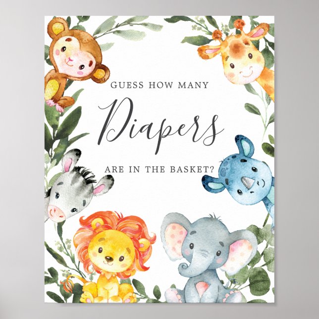 Jungle Animals Baby Shower Guess How Many Diapers Poster (Front)