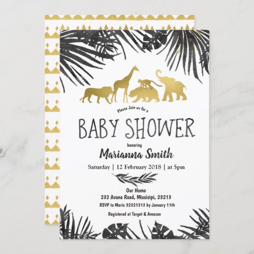 Jungle Animals Baby Shower Invitation black gold