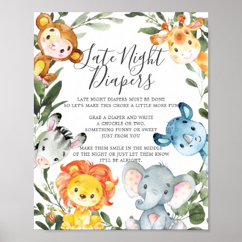 Jungle Animals Baby Shower Late Night Diapers Sign